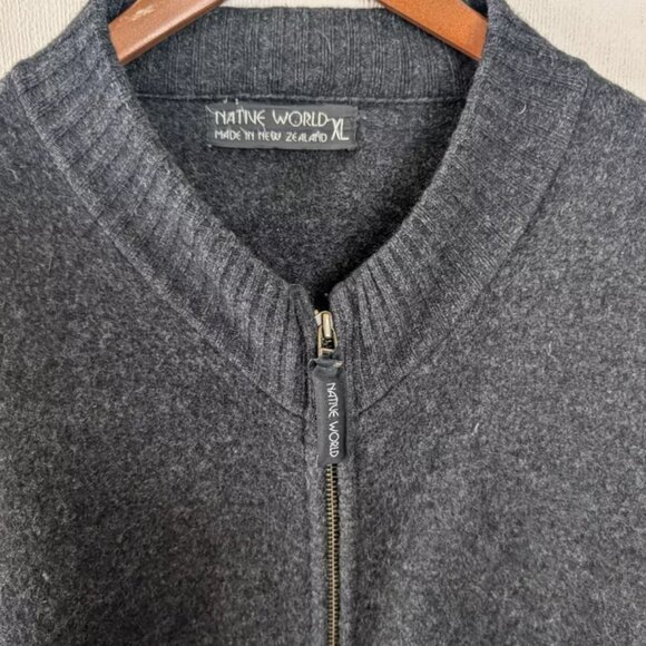 Native World Merino Wool Jacket Mens XL Charcoal Possum Fur Full Zip Pockets - Picture 6 of 12